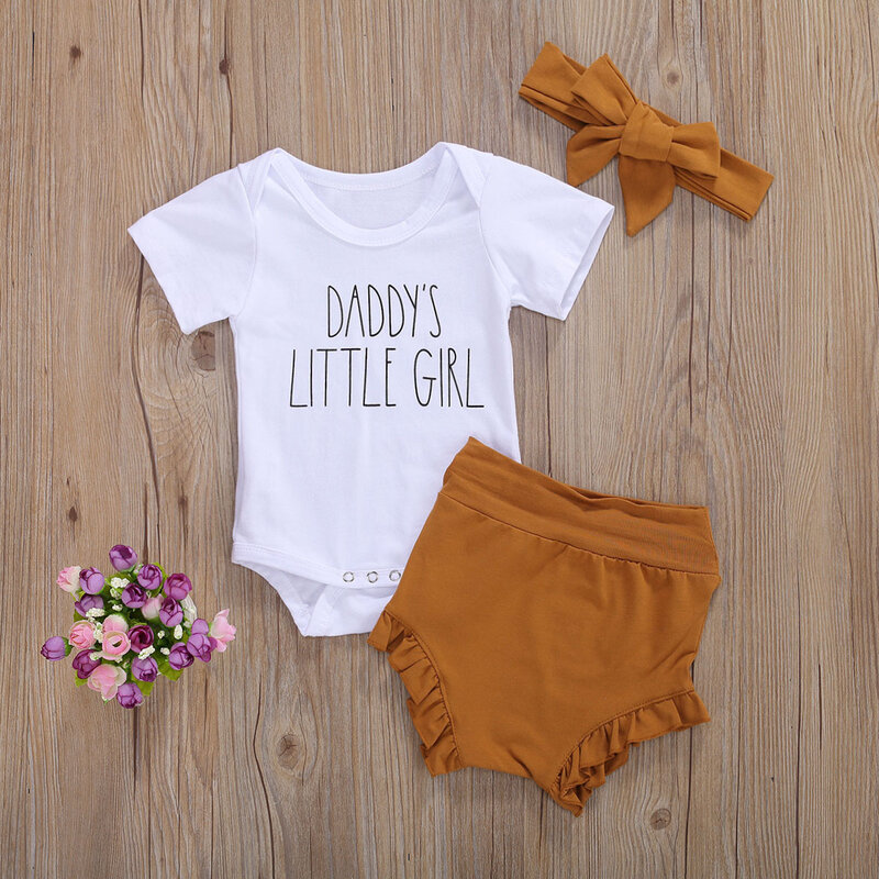 0-18M Summer Lovely Infant Baby Girls Clothes Sets Letter Print Short Sleeve Romper Tops Solid Shorts Headband 3pcs Outfits