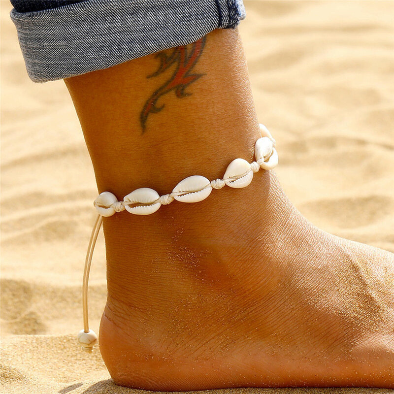 Tornozeleiras femininas de couro feitas à mão, tecido com concha natural, verão, praia, pés descalços, bracelete pulseira para perna, joias de concha boêmia