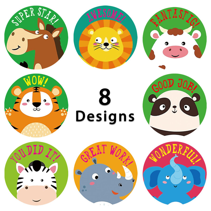 Pegatinas redondas creativas de animales para niños, pegatinas de recompensa para la escuela, papelería, 8 diseños, 500 unids/rollo