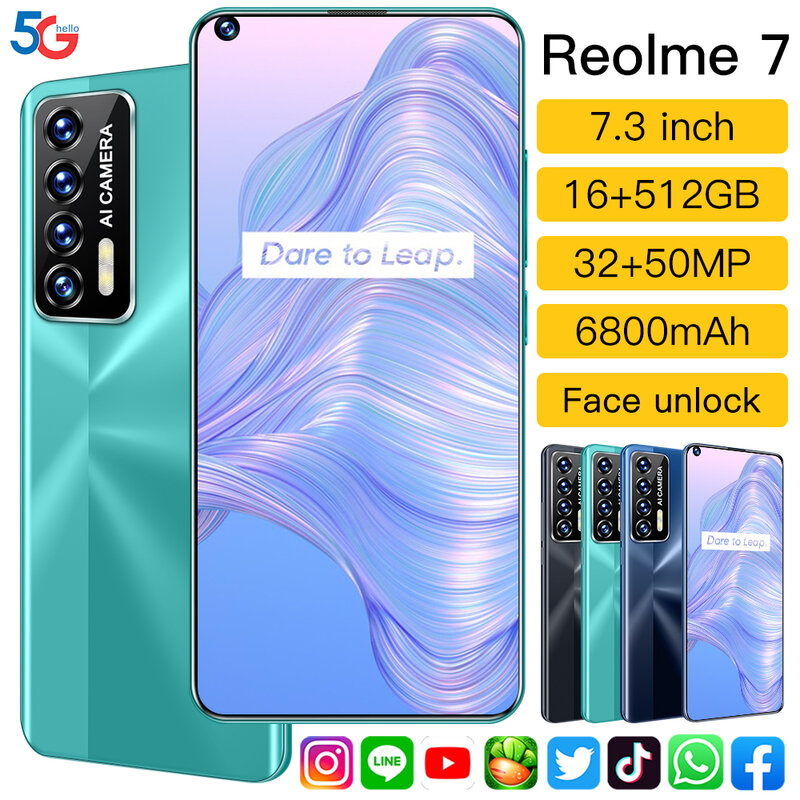 Смартфон глобальная версия Reolme 7, 16 ГБ + 512 ГБ, HD экран 7,3 дюйма, смартфон с камерой 32 Мп + 50 МП, 6800 мАч, сотовый телефон на базе Android 11
