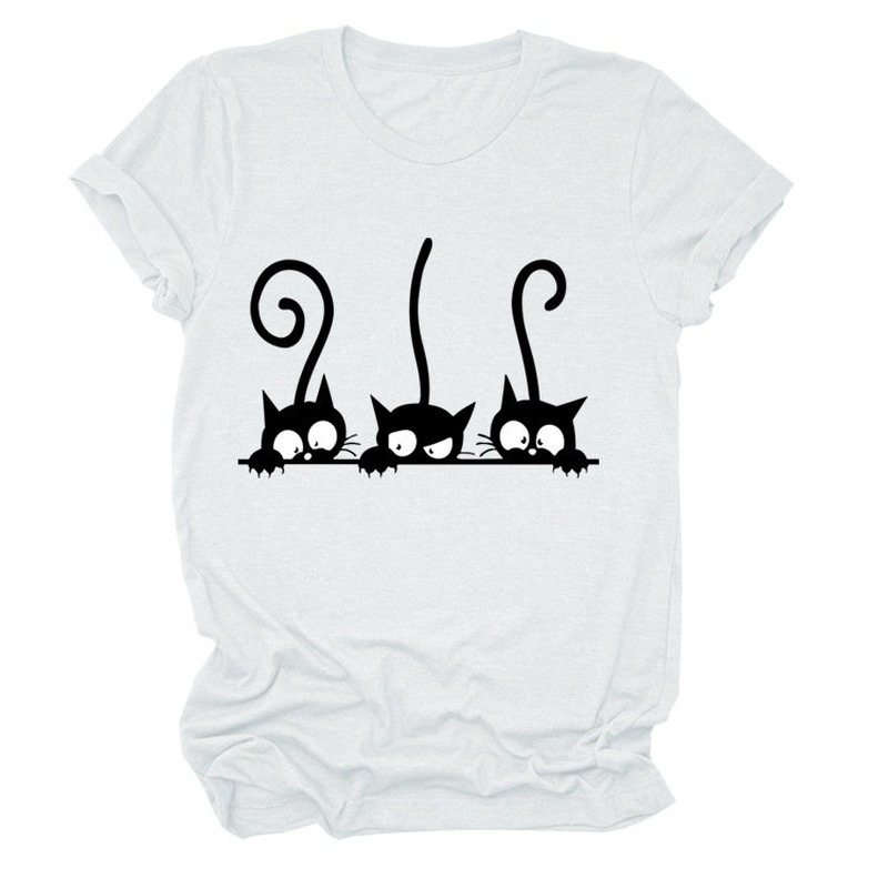 T-shirt manches courtes col rond femme, ample et noir avec chat mignon imprimé