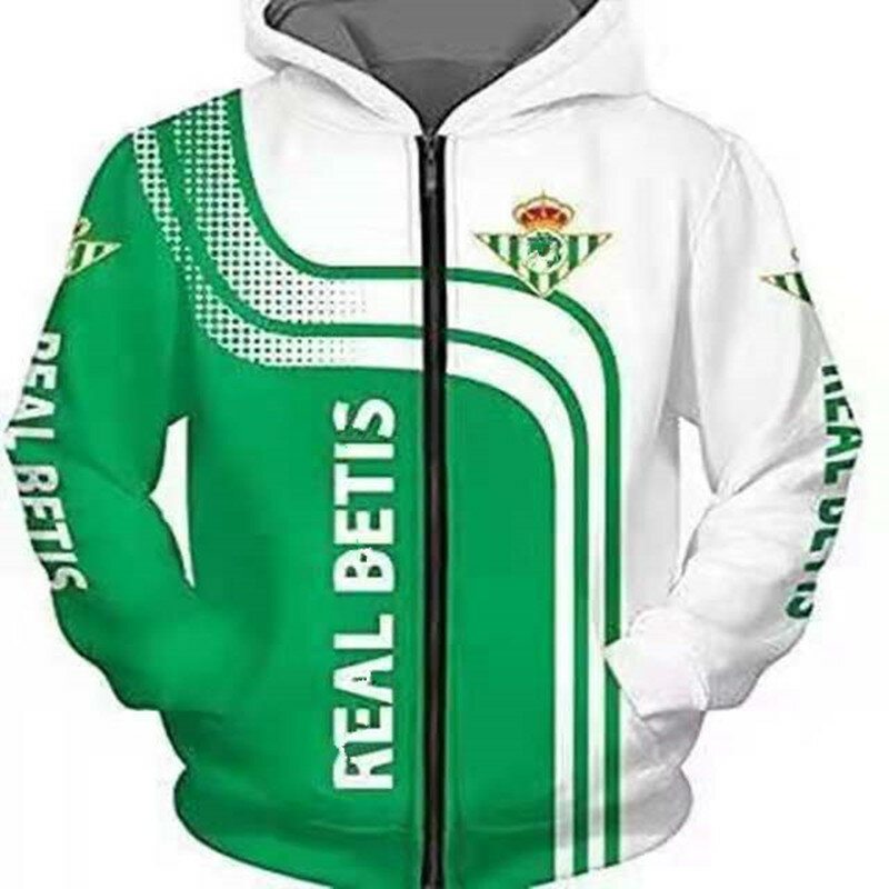 Camisa con capucha y cremallera para hombre, cárdigan deportivo informal con estampado 3D del Logo Real Betis, a la moda, para primavera y otoño