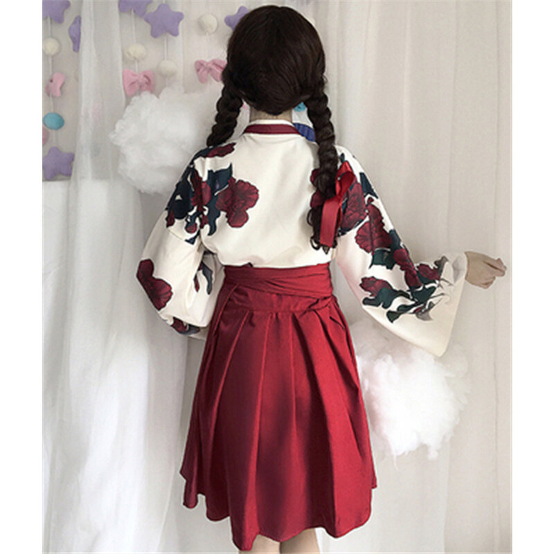 Girls Japanese Style Retro Kimono Floral Long Sleeve Woman Party Dress Summer Fashion Outfits Top Bow Skirt Haori for Female