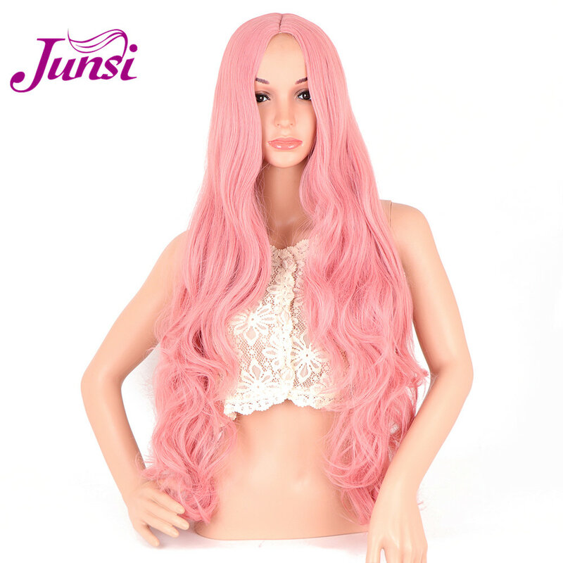 JUNSI 30 بوصة الوردي الباروكات ارتفاع درجة الحرارة طويل مجعد كبير موجة الشعر شعر مستعار اصطناعي تأثيري للأزياء النساء