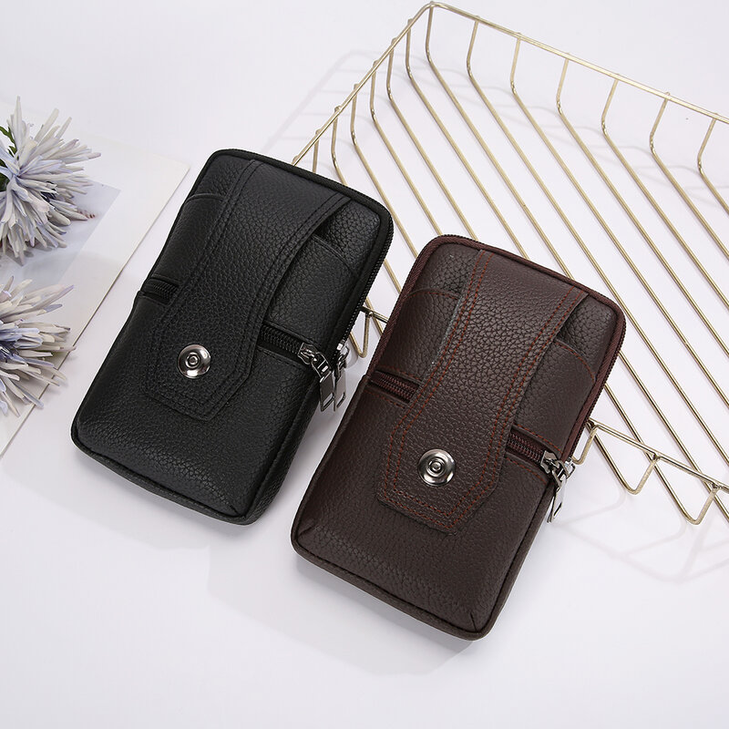 Men's bag Vintage Solid Color PU Leather Waist Bag Casual Male Small Wallet Mobile Phone Bags Multi Layer Coin Purse Handbags