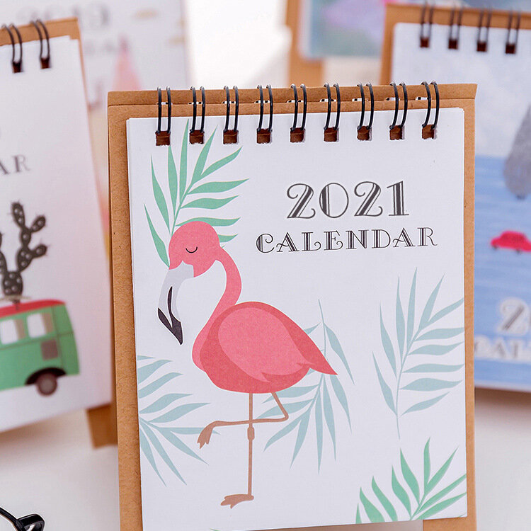 Disegno a mano 2021 Fresh Cartoon Mini Flamingo calendario da tavolo calendario doppio Agenda giornaliera pianificatore da tavolo Agenda annuale organizzatore