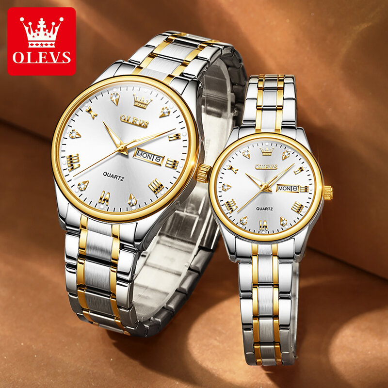OLEVS-Reloj de pulsera de cuarzo para hombre y mujer, cronógrafo dorado para amantes de los negocios, con calendario