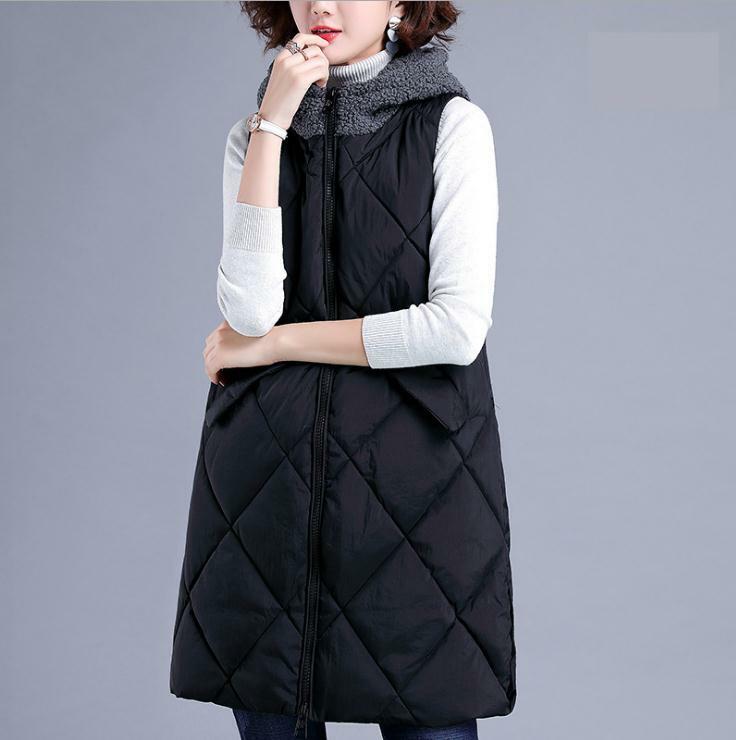 Feminino preto cordeiros colete com capuz inverno moda meados de comprimento sólido algodão acolchoado retalhos colete sem mangas jaqueta feminina k1494