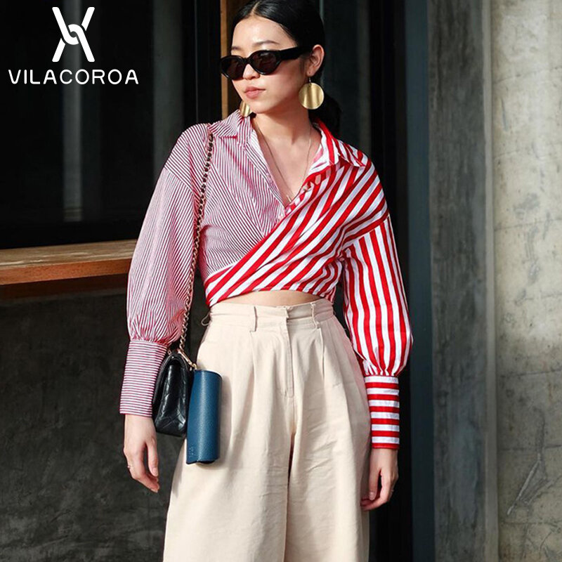 Striped Red Stitching Women Blouse Turn Down Collar Long Sleeve Bandage Shirt Female Cardigan Office Lady Street Clothing