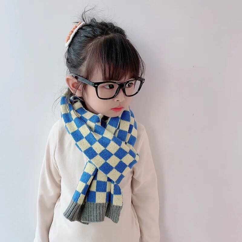 Children's Autumn Winter Plaid Knitted Scarf Kids Korean Fashion Thicken Warm Woolen Shawl Patchwork Neckerchief For Boys Girls