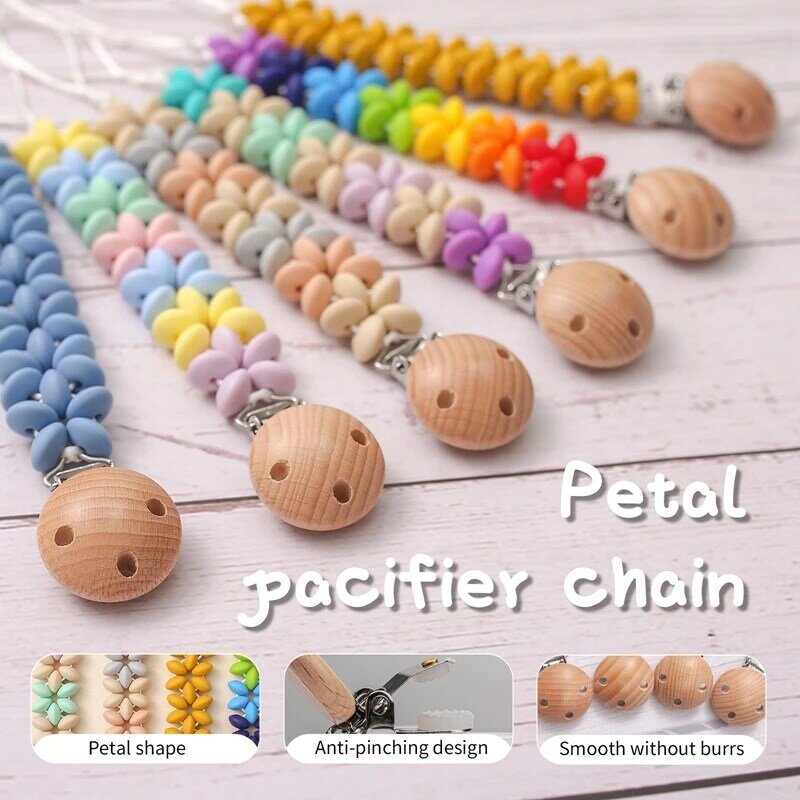 Let's Make Baby Silicone Pacifier Chain Rainbow Color Silicone Beads Handmade Petal Beech Wood Clip-on Pacifier BPA Free Teether
