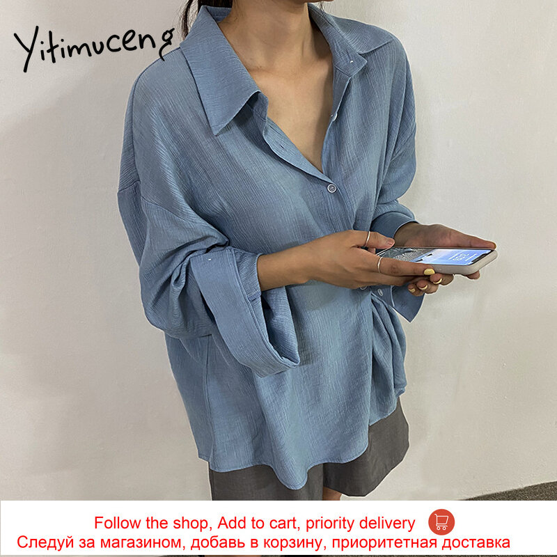 Yitimuceng Lange Shirts Vrouw Oversize Button Up Tops Koreaanse Fashion Basic Blouse Solid Apricot Wit Blauw 2021 Lente Zomer