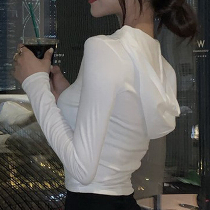 XUXI camicia moda donna coreana sottile sottile era sottile tinta unita con cappuccio maniche lunghe camicette primavera autunno 2021 E708