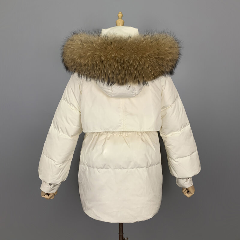 2021 inverno para baixo jaqueta feminina 90% pato branco para baixo casaco grande natural gola de pele de guaxinim raposa com capuz grosso quente cintura ajustável