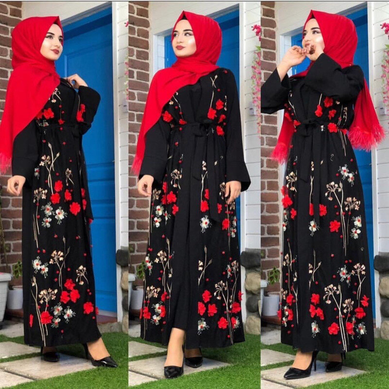 꽃 Abaya 기모노 이슬람 무슬림 여자 Jilbab Hijab 드레스 자수 Abaya Caftan 두바이 모로코 이슬람 의류