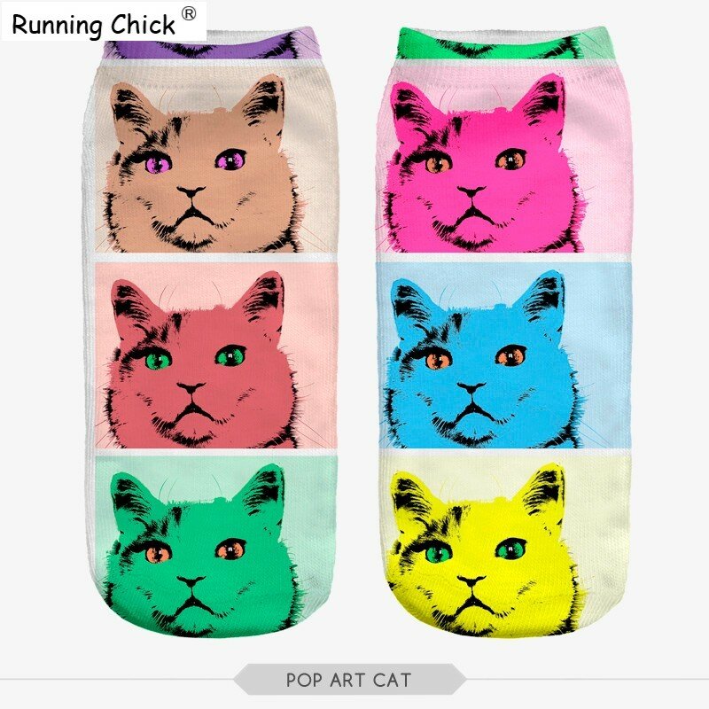 RUNNING CHICK Color Cats Running Chick Digital Photo Printed Ankle Socks Women