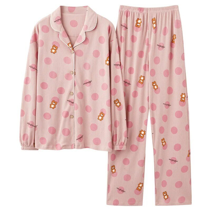 Estilo coreano conjunto de pijama feminino senhoras dupla face puro algodão pijamas manga longa impresso dot casa terno estudante primavera outono