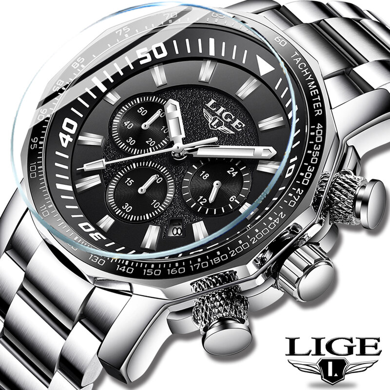 LIGE Top Brand Luxury Mens Watches Full Steel Watch Male Military Sport Waterproof Watch Men Quartz Clock+Box Relogio Masculino
