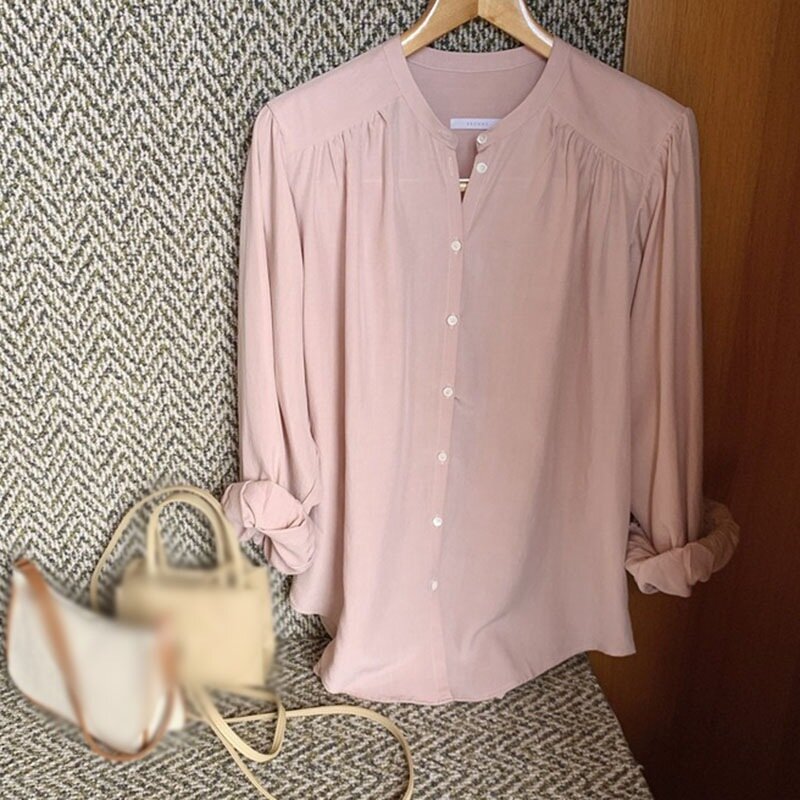 Blusa de manga larga holgada para primavera, camisa rosa para mujer, fino suave, estilo coreano