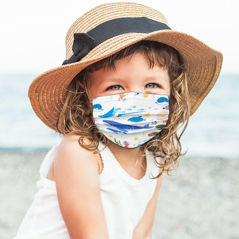 Masques imprimés d'océan pour enfants, 50 pièces, filtre de protection pour enfants, masques faciaux jetables, imprimés à 3 plis, Bandage à boucles auriculaires
