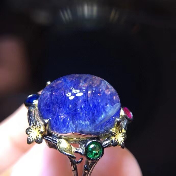 Anello grande al quarzo rutilato con silente blu naturale 1/14/11mm cristallo argento regolabile donna uomo rettangolo gioielli AAAAA