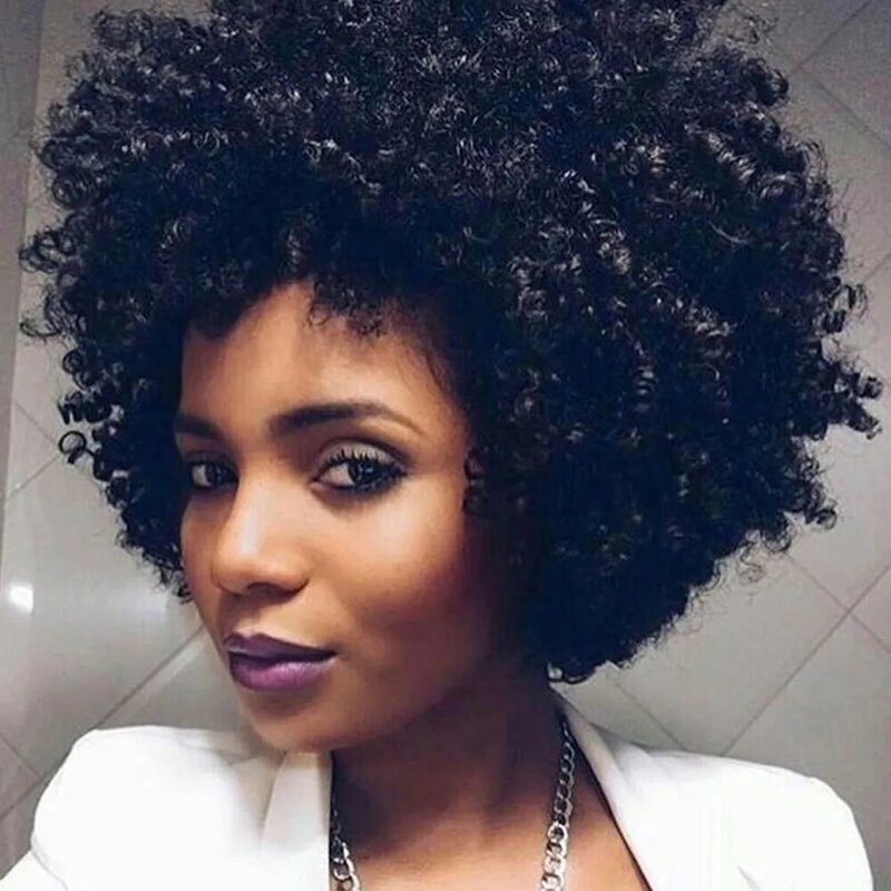 Rambut Palsu Sambungan Keriting Afro Sintetis Rambut Palsu dengan Poni Keluaran Baru Wig Murah Mode Tahan Panas untuk Wig Wanita