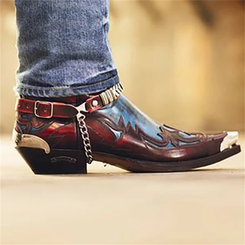 Men's PU Color Matching Embossed Western Cowboy Wear-resistant Men's Leather  Pointed Toe Fashion Trend Fashion Boots   XM236