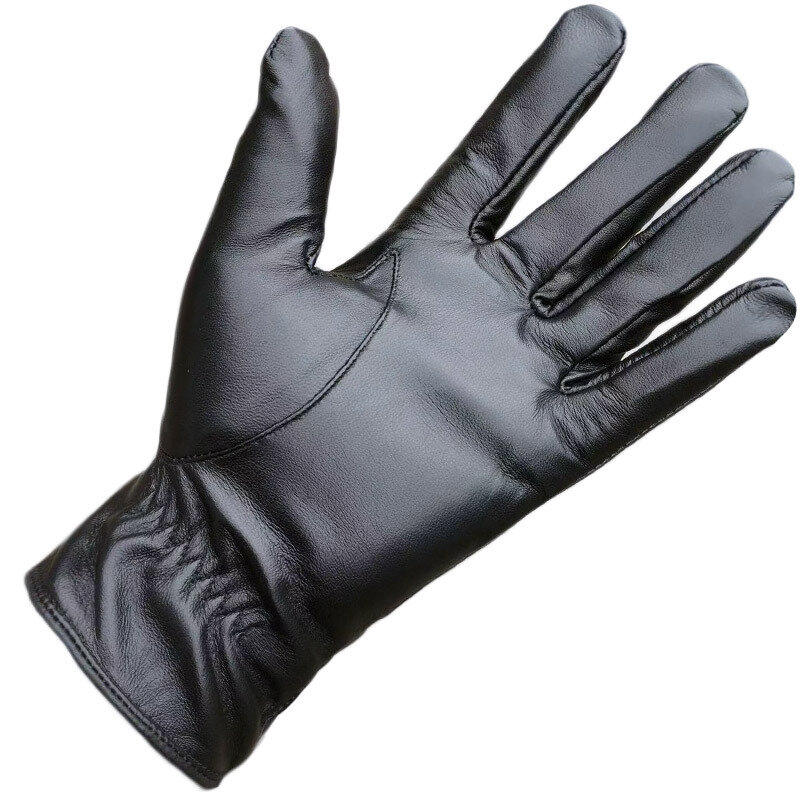 Мужские перчатки из овчины, черные теплые зимние перчатки из натуральной кожи с бархатной подкладкой для вождения, мужские толстые хлопков...
