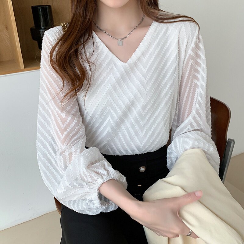 Женская шифоновая блузка, осенняя блузка с пышными рукавами, свободная кружевная рубашка
