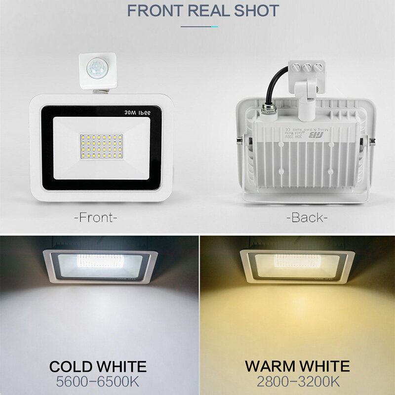 Reflector de iluminación LED con sensor PIR para exterior, lámpara reflectora de 10W, 20W, 30W, 50W, 100W, 220V con detector de movimiento, impermeable IP66, soporte de pared, color blanco cálido y frío