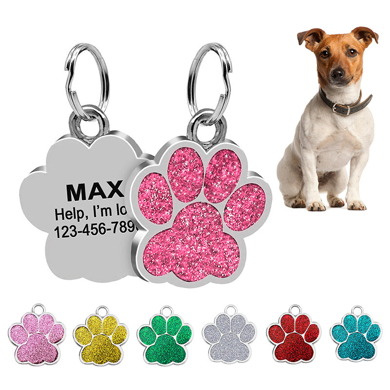 Custom Cat Dog ID Tags Glitter Paw Personalized Laser Engraving Name And Number On Collar Tag Pendant Gift For Kitten Puppy