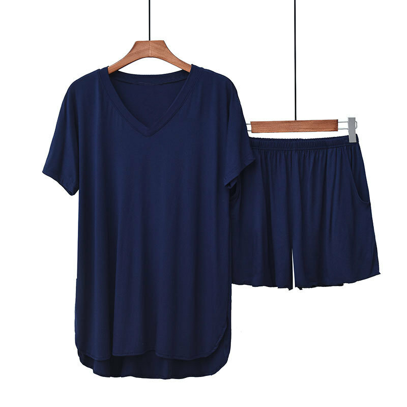 Pijama modal de gola em v feminino manga curta shorts pijamas de verão solto sólido sleepwear macio confortável sexy nightwear 2 peça