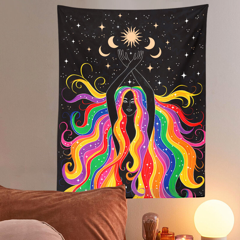 Tkanina dekoracyjna na tle ściany salonu sypialnia tęcza dziewczyna gobelin słońce księżyc gwiazda gobelin Tapestry Wall