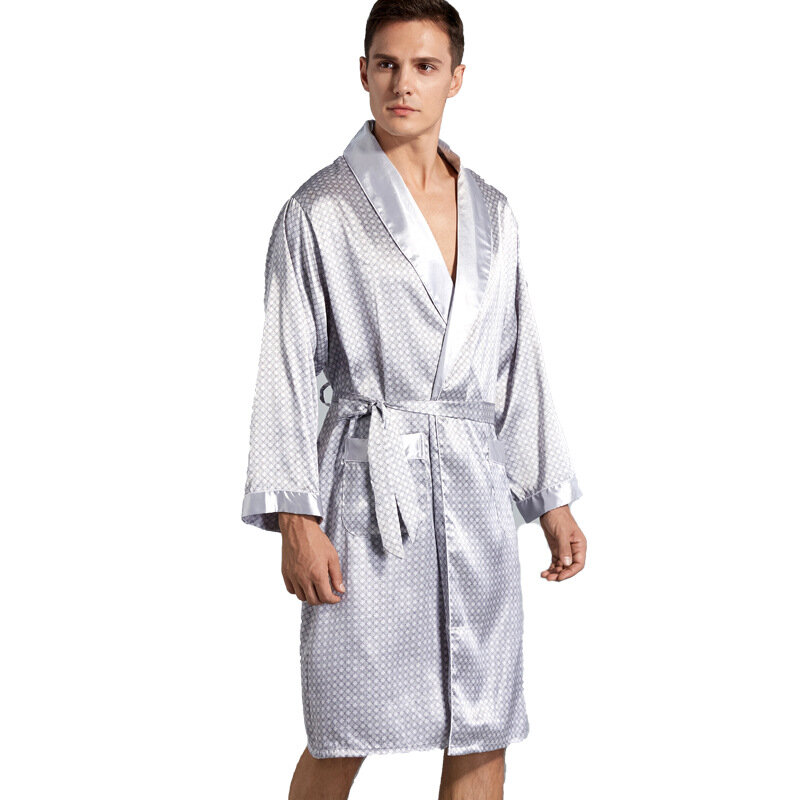 Bata de baño de imitación de seda para hombre, ropa de dormir de satén, suave y acogedora, Tops de manga larga para dormir, pantalones cortos, Kimono estampado, 7XL, 6XL
