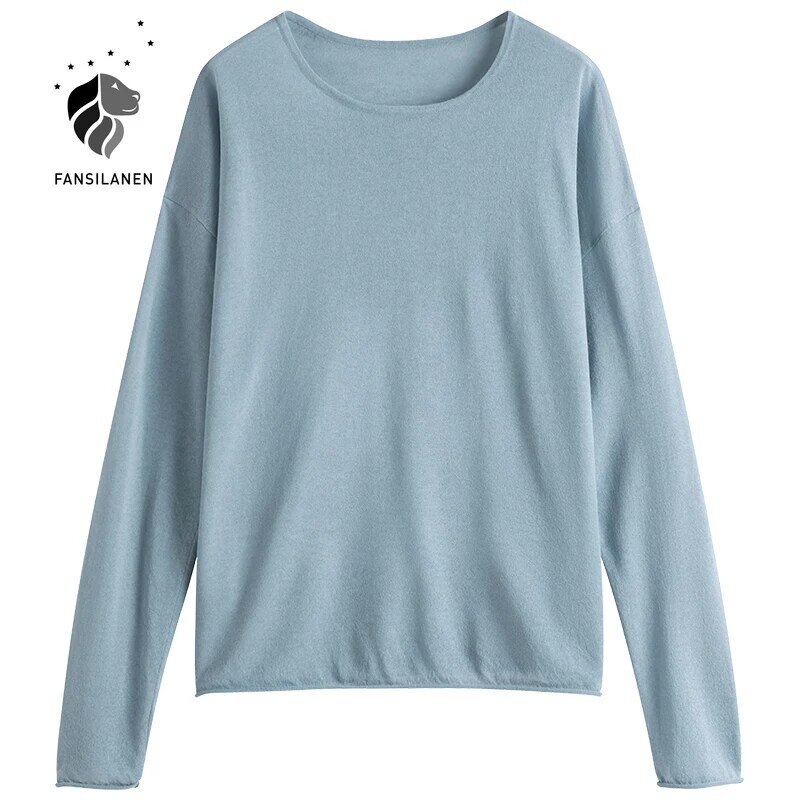 FANSILANEN – T-Shirt à manches longues pour femmes, tricot fin, chemise de bureau, ample, bleu, protection solaire, nouvelle collection 2021