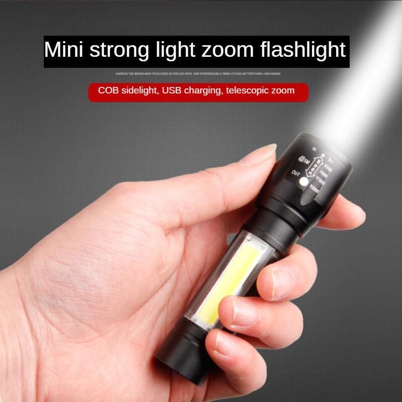 Lanterna de led pequena com luz lateral cob, luz forte, zoom telescópico, kit de carregamento usb, mini lanterna 511