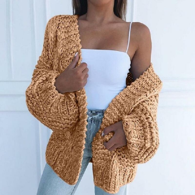 4 Colors Ladies Solid Color Sweater Cardigan Skin-friendly Leisure Lantern Sleeve Loose Knitted Cardigan Coat for Daily Life