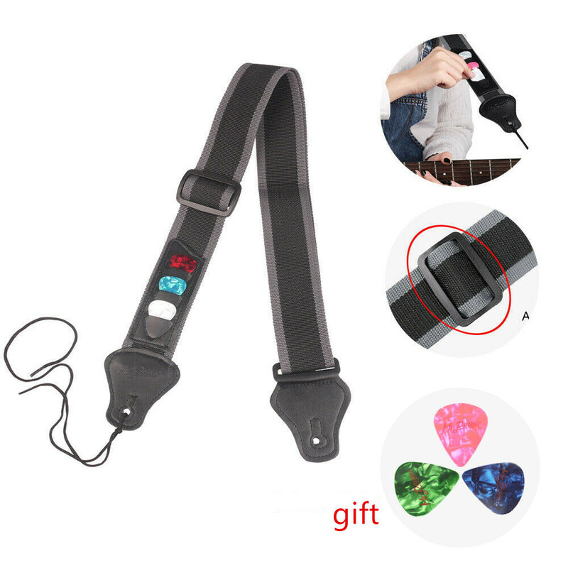 Adjustable Guitar Strap PU Leather Ends Guitarra Strap Belt with 3 Pick Plectrums Holders for Electric Acoustic Guitar Bass