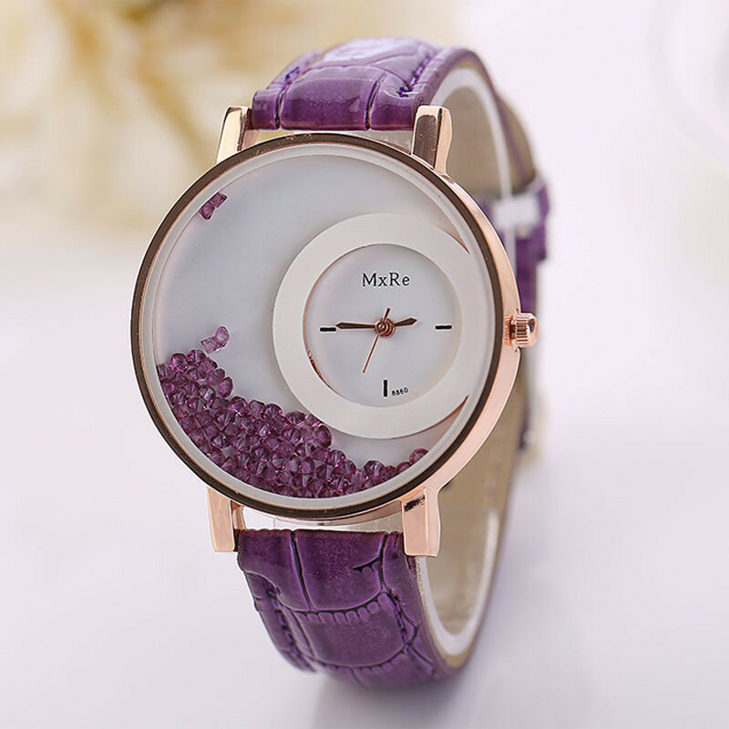 Женские кожаные часы с зыбучим песком, повседневные, романтичные, со стразами, дизайнерские, кварцевые, наручные часы, часы Gfit Montre Femme Q