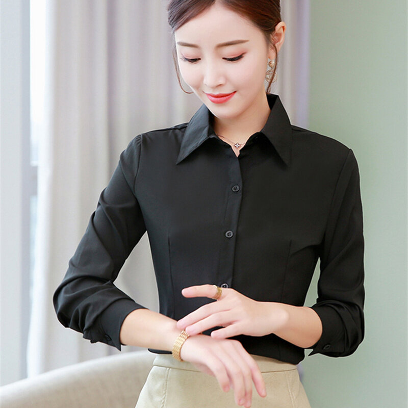 Korean Fashion Office Lady Button Up Shirt Chiffon Woman Blouses Tops and Blouses Long Sleeve Ladies Shirt Pink Camisas De Mujer