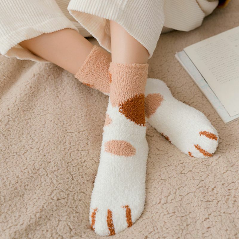 ¡Calcetines para mujer garras de gato de invierno lindos calcetines gruesos calientes del suelo del sueño calcetines de lana de Coral de felpa calcetines femeninos DEL TUBO!