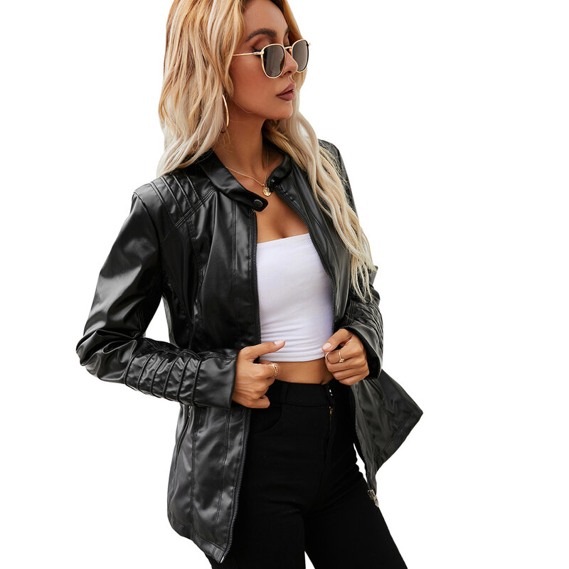 2021 Women Autumn Leather Jacket, Solid Color Stand-Neck/Hooded Long Sleeve Zipper-Front Casual Coat for Girls, 3 Colors