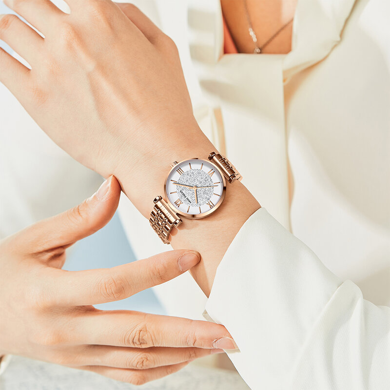 Mini foco elegante rosa ouro relógio de luxo para as mulheres moda cristal dial negócios pulseira aço inoxidável relógios de pulso casuais