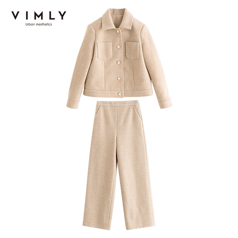 Vimly Women's Wool Clothing Set Fashion Turn Down Collar Single Breasted Solid Jacket Loose Pant Female Outfits 2pcs Suits F3519