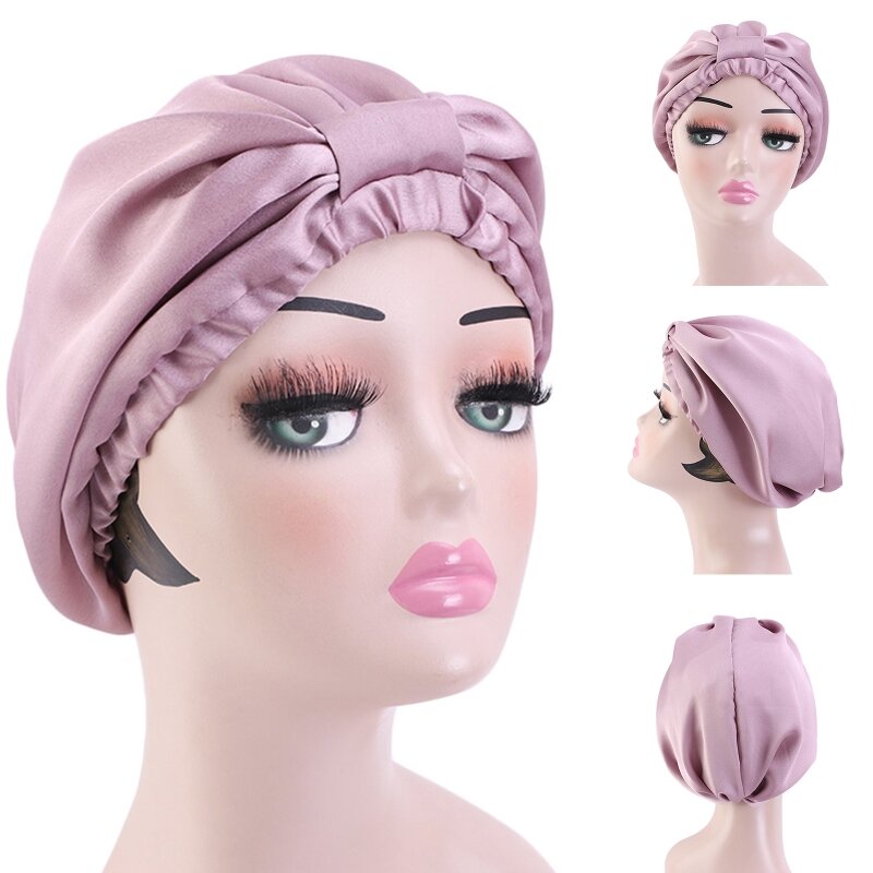 2021 kobiet imitacja dwuwarstwowej maski czapka do spania z przodu wiązana elastyczna nocna Turban do spania osłona na włosy czapka