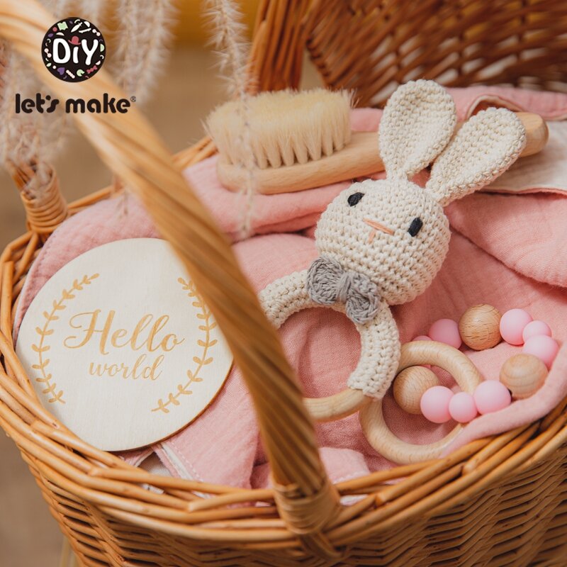 Let's Make-Juego de juguetes de baño para bebé, Manta de algodón de doble cara, pulsera de sonajero de madera, juguetes de ganchillo, productos de regalo de nacimiento para niños