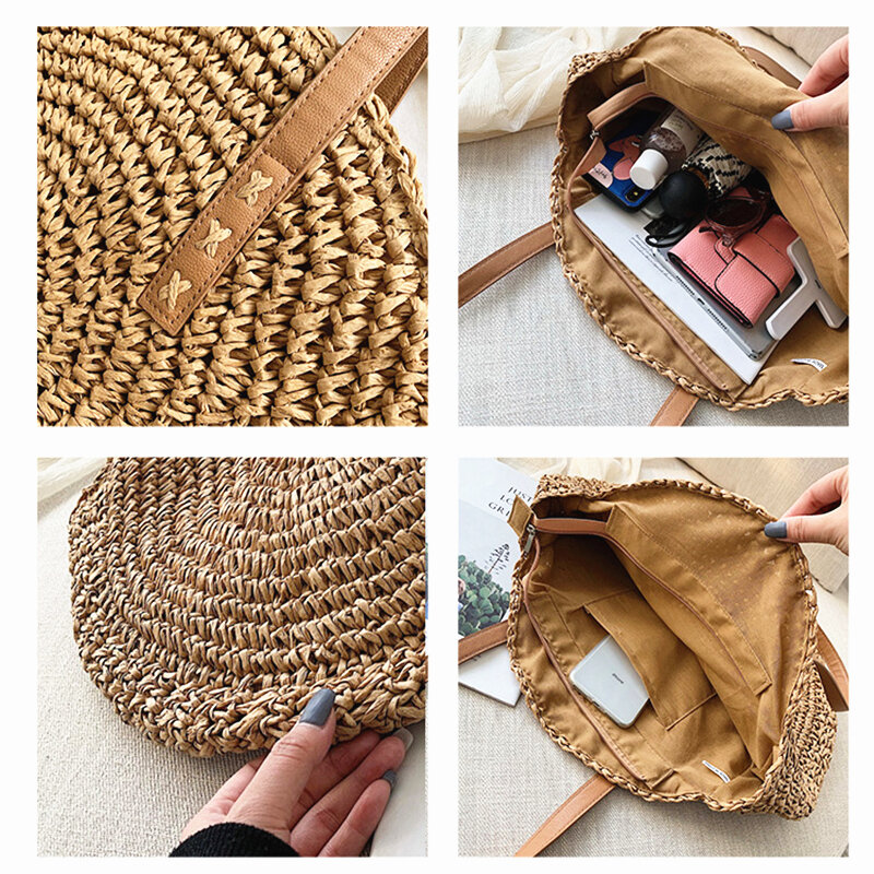2020 Summer Round Straw Bags for Women Rattan Shoulder Bag Handmade Woven Beach Handbags Female Message Handbag Totes Bag