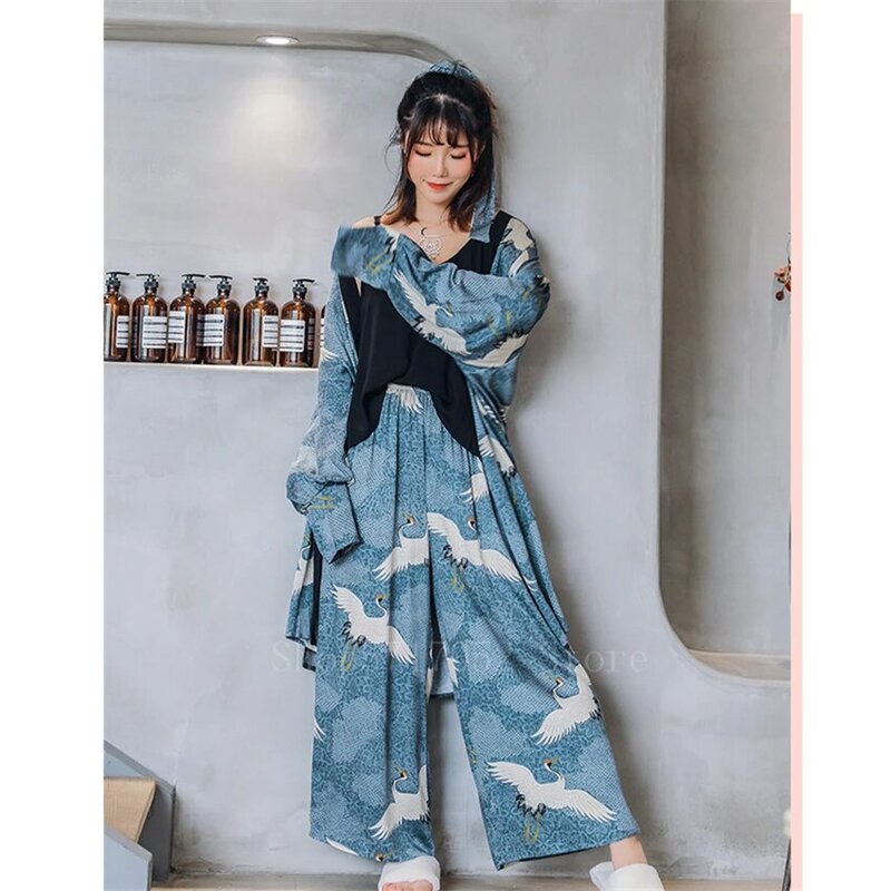 Ukiyo-E ญี่ปุ่น Kimono ผู้หญิง Crane VINTAGE Yukata 3PCs เสื้อ + Top + กางเกงชุดนอนเสื้อคลุมฮาโอริ samurai Harajuku เอเชียเสื้อผ้า