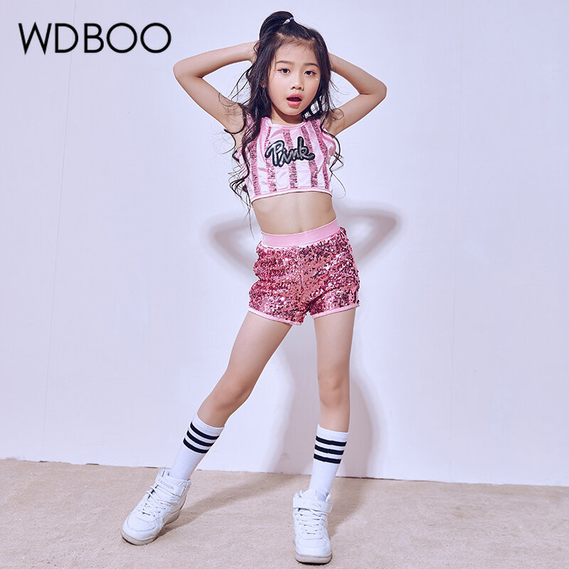 Wdboo meninas hip-hop jazz dancewear lantejoulas glitter colheita top shorts 2 peças conjunto criança topo & bottoms dança traje rosa sparkly conjuntos