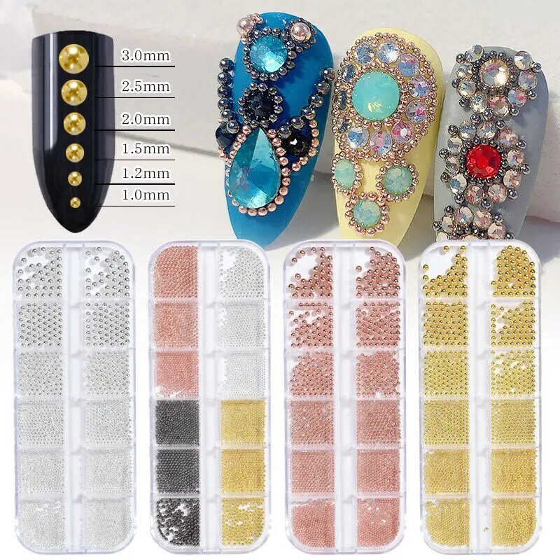 Bola de acero de Metal de 12 celdas, cuentas de Caviar de oro rosa y plata, accesorios para uñas, herramienta de bricolaje, tachuelas de uñas, esmalte de Gel UV